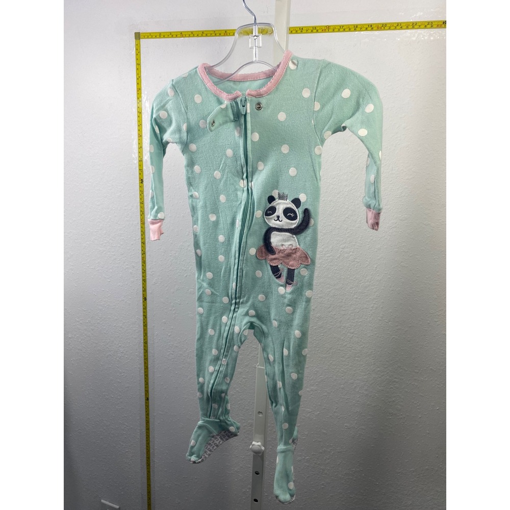 Carters 12M Mint Green Polka Dot Panda Ballerina Footed Pajama Sleep Play Zipper